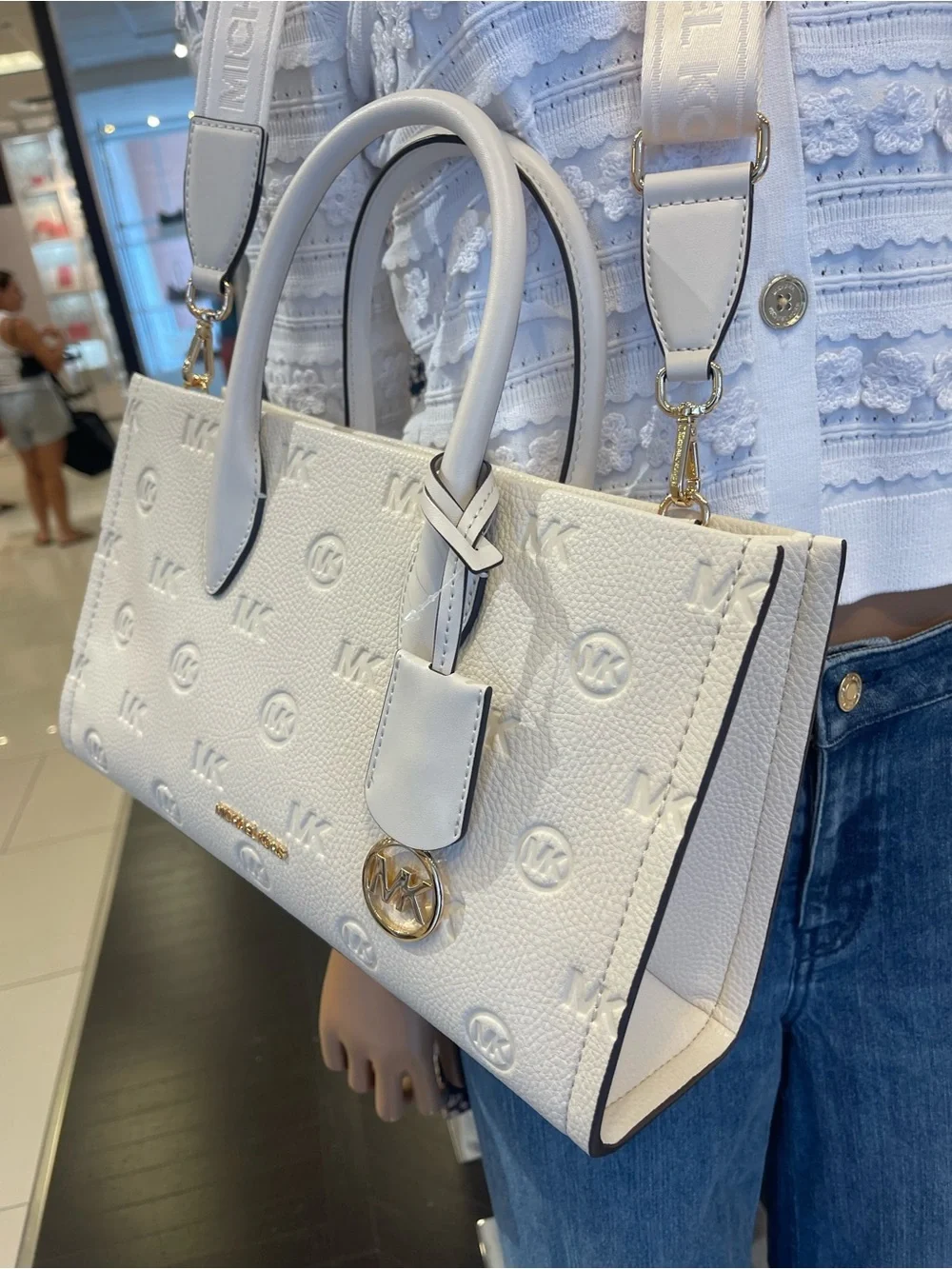 Michael Kors Mirella Md Logo Debossed Satchel Shoulder Tote Handbag Lt Cream NWT